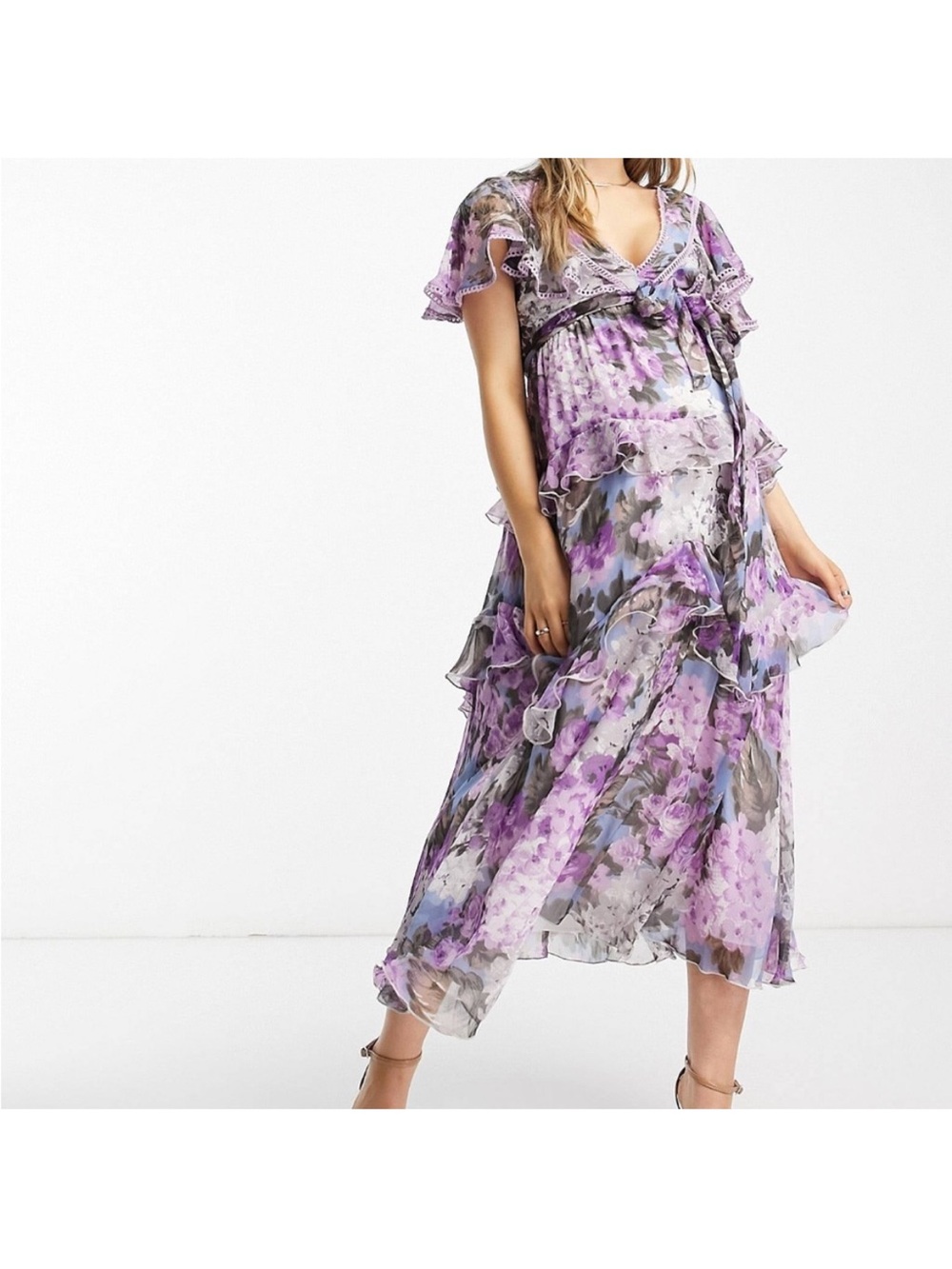 ASOS Maternity Floral Purple Ruffle Midi Dress